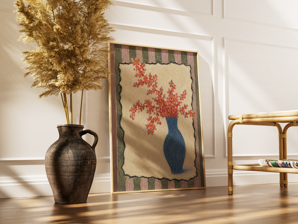 Red Flowers in a Blue Vase